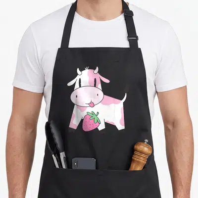 Tablier de cuisine noir avec une vache rose et blanche tenant une fraise dessinée en cartoon.