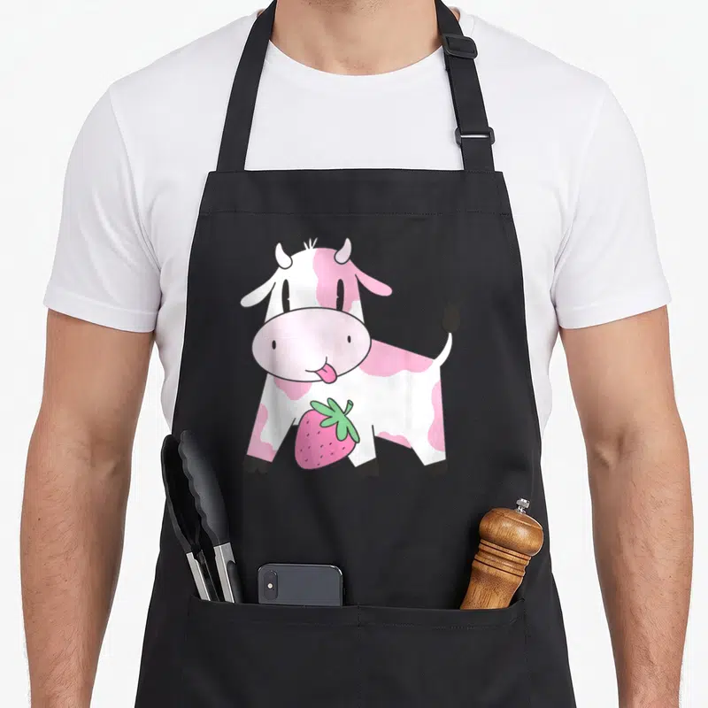 Tablier de cuisine noir avec une vache rose et blanche tenant une fraise dessinée en cartoon.