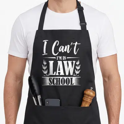 Tablier de cuisine noir avec inscription blanche Je ne peux pas être à la faculté de droit Futur avocat et motifs végétaux stylisés.