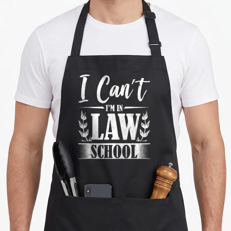 Tablier de cuisine noir avec inscription blanche Je ne peux pas être à la faculté de droit Futur avocat et motifs végétaux stylisés.