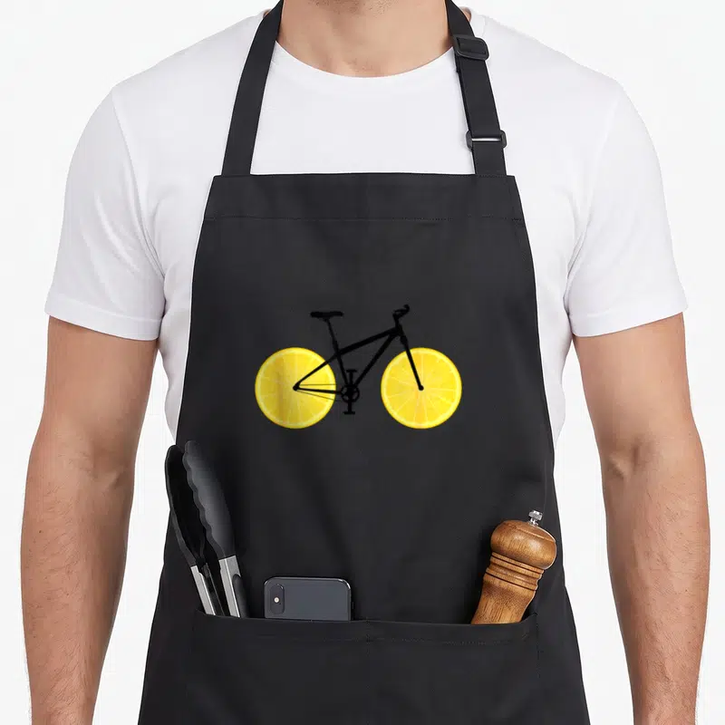 Tablier de cuisine noir avec dessin d'un vélo aux roues formées par des tranches de citron jaune éclatant.