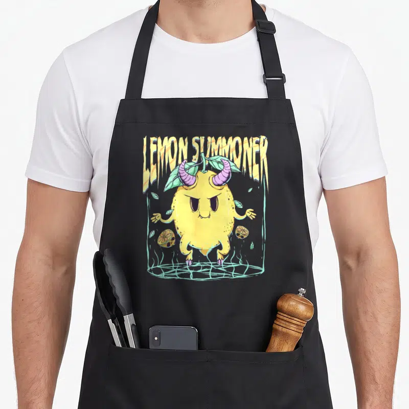 Tablier de cuisine noir avec illustration d'un citron démoniaque aux cornes violettes et texte Lemon Summoner en lettres gothiques jaunties.