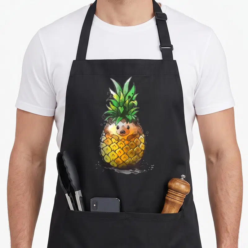 Tablier de cuisine noir avec illustration d'un ananas hérisson aux couleurs vives et style aquarelle.