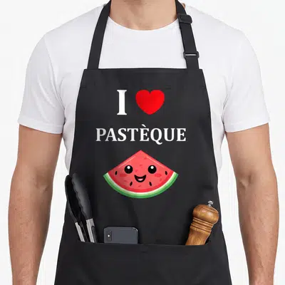 Tablier de cuisine noir avec une pastèque souriante, un cœur rouge et le texte I love Pastèque en blanc.