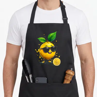 Tablier de cuisine noir avec illustration d'un citron jaune souriant portant des lunettes de soleil et deux feuilles vertes.