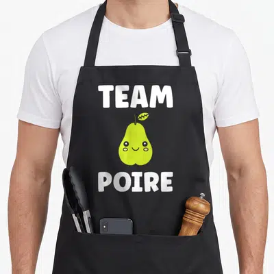 Tablier de cuisine noir avec une illustration de poire verte souriante et le texte blanc Team Poire.