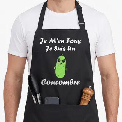 Tablier de cuisine noir avec un concombre vert souriant et le texte blanc Je m'en fous je suis un concombre.