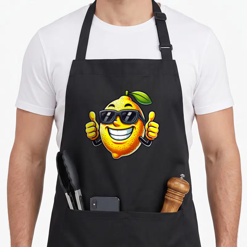 Tablier de cuisine noir avec un citron jaune portant des lunettes noires et faisant deux pouces levés.