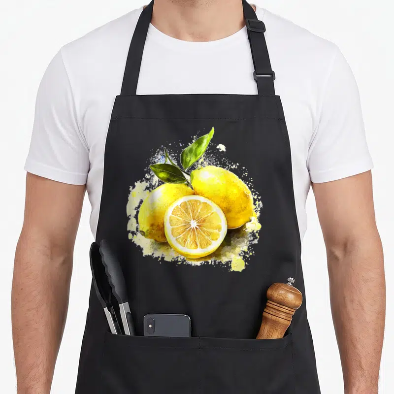 Tablier de cuisine noir avec une illustration aquarelle représentant des citrons jaunes et des feuilles vertes.