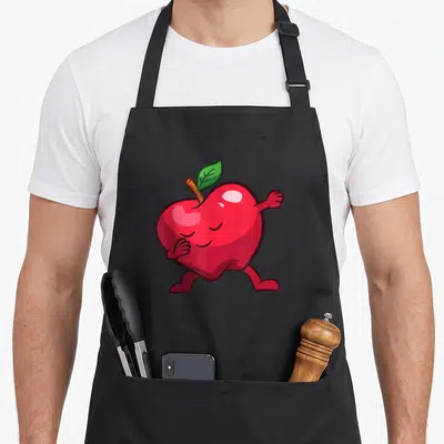 Tablier de cuisine noir avec une pomme rouge souriante aux bras et jambes en position de marche joyeuse.
