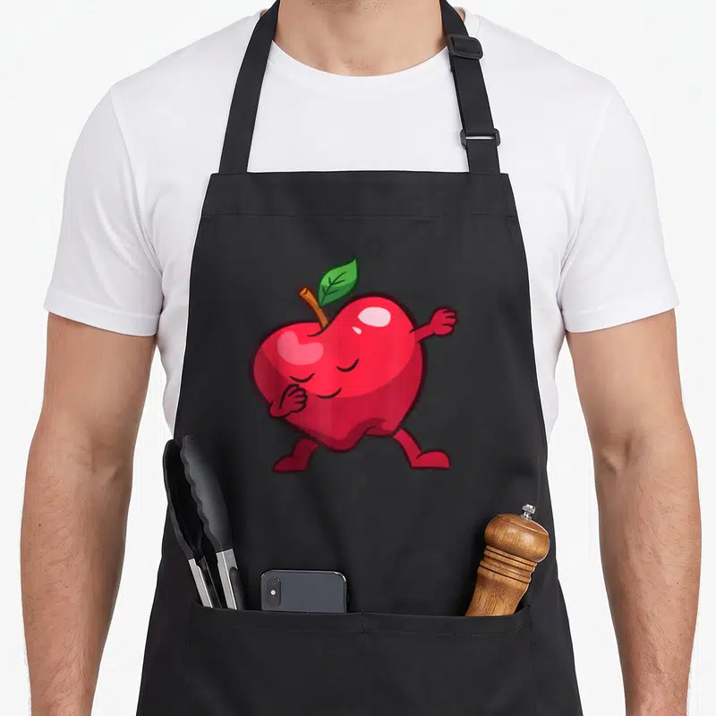 Tablier de cuisine noir avec une pomme rouge souriante aux bras et jambes en position de marche joyeuse.