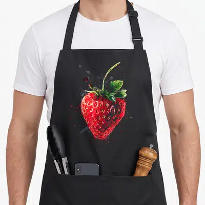 Tablier de cuisine noir avec une peinture fraise rouge et verte entourée de taches artistiques.