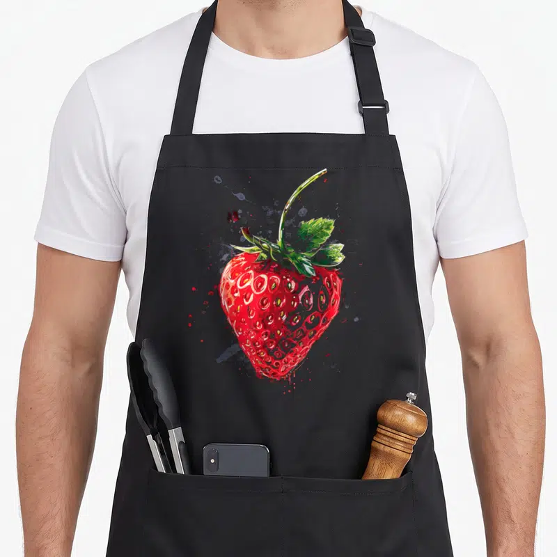 Tablier de cuisine noir avec une peinture fraise rouge et verte entourée de taches artistiques.
