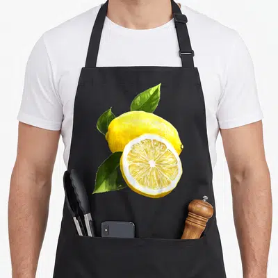 Tablier de cuisine noir avec une illustration colorée représentant un citron entier, une tranche et des feuilles vertes.