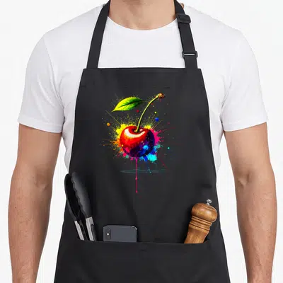 Tablier de cuisine noir avec une cerise splash art colorée et des éclats de peinture vive.