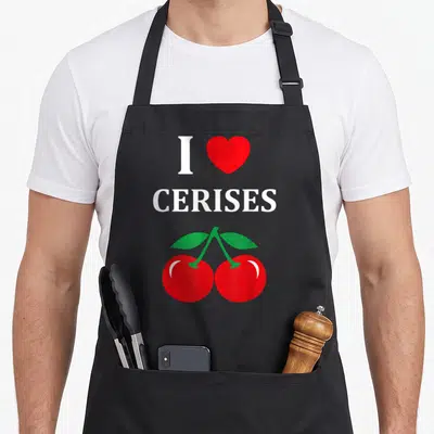 Tablier de cuisine noir avec deux cerises rouges, un cœur rouge et le texte I love Cerises en blanc.