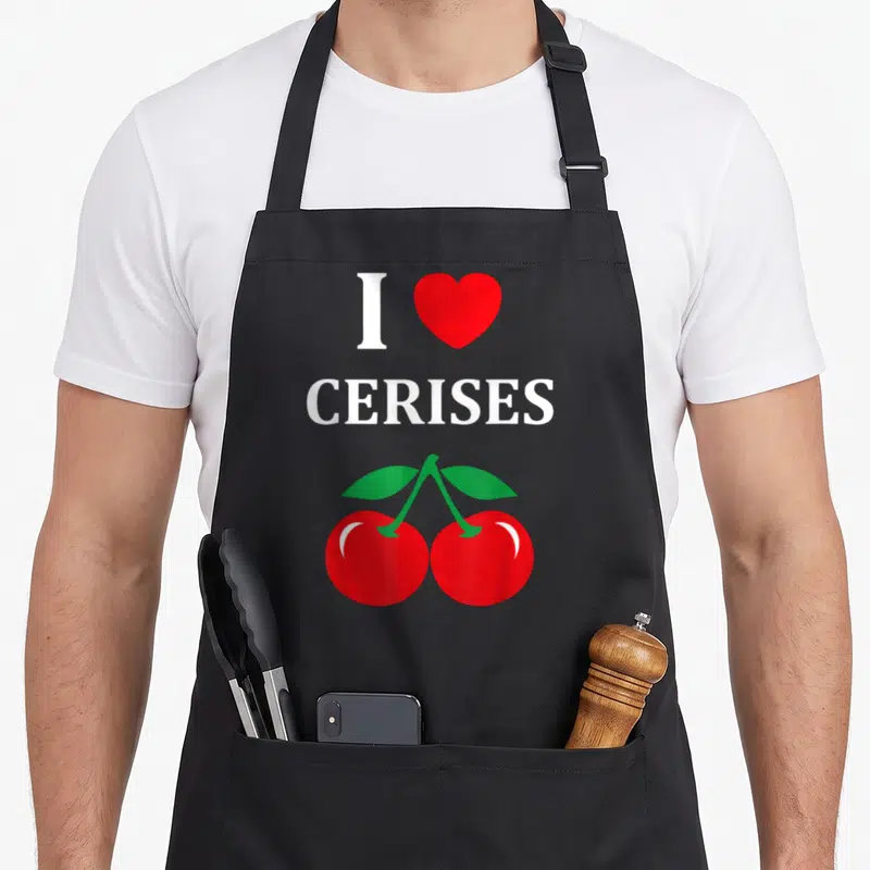 Tablier de cuisine noir avec deux cerises rouges, un cœur rouge et le texte I love Cerises en blanc.