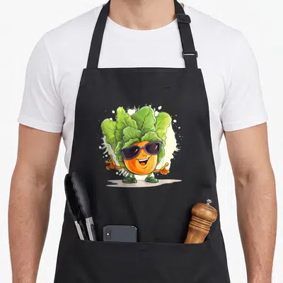 Tablier de cuisine noir avec une carotte souriante portant des lunettes de soleil et des feuilles de chou vert en arrière-plan.