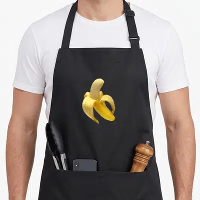 Tablier de cuisine noir avec une illustration réaliste d'une banane pelée jaune sur fond uni.
