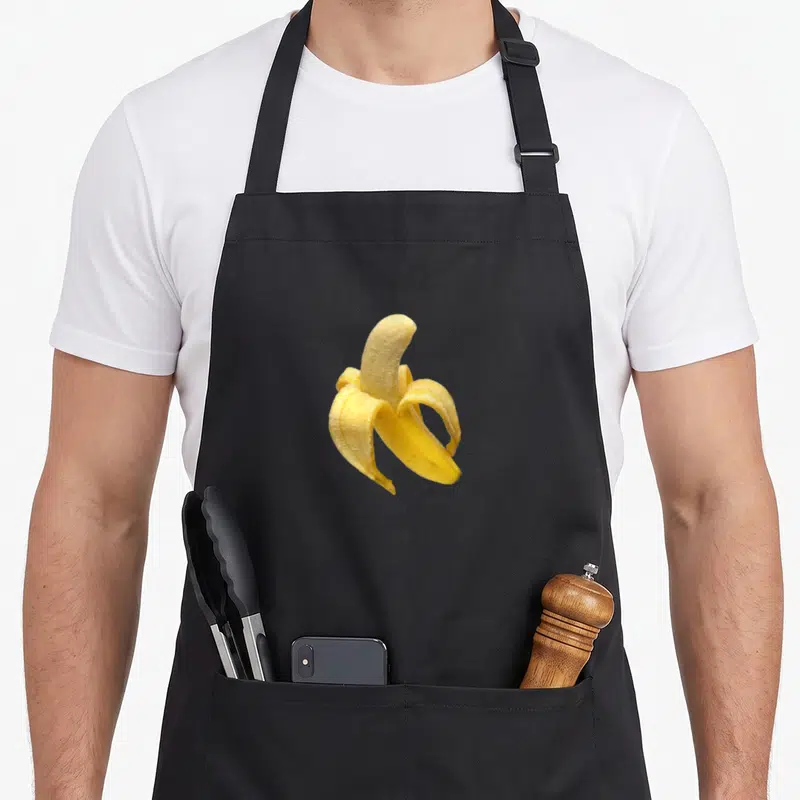 Tablier de cuisine noir avec une illustration réaliste d'une banane pelée jaune sur fond uni.