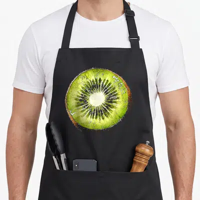Tablier de cuisine noir avec une grande coupe de kiwi vert aux graines noires et à la peau brune texturée.