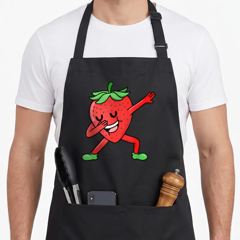 Tablier de cuisine noir avec une fraise rouge anthropomorphée effectuant un mouvement de danse dab avec des chaussures vertes.