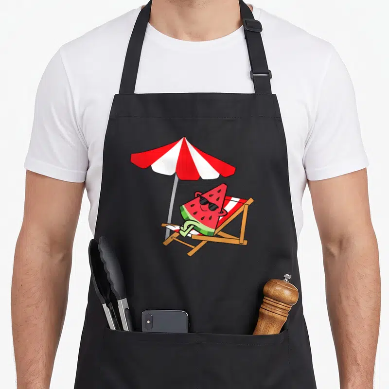 Tablier de cuisine noir avec une pastèque relaxante et relaxante sous parasol rouge et blanc.