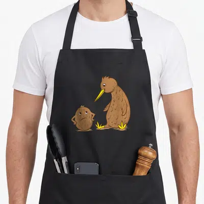 Tablier de cuisine noir avec une illustration d'un oiseau kiwi parlant à un fruit kiwi aux expressions faciales contrastées.
