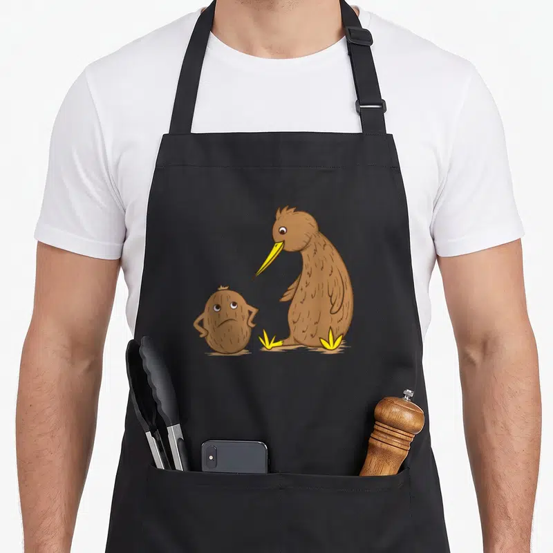 Tablier de cuisine noir avec une illustration d'un oiseau kiwi parlant à un fruit kiwi aux expressions faciales contrastées.