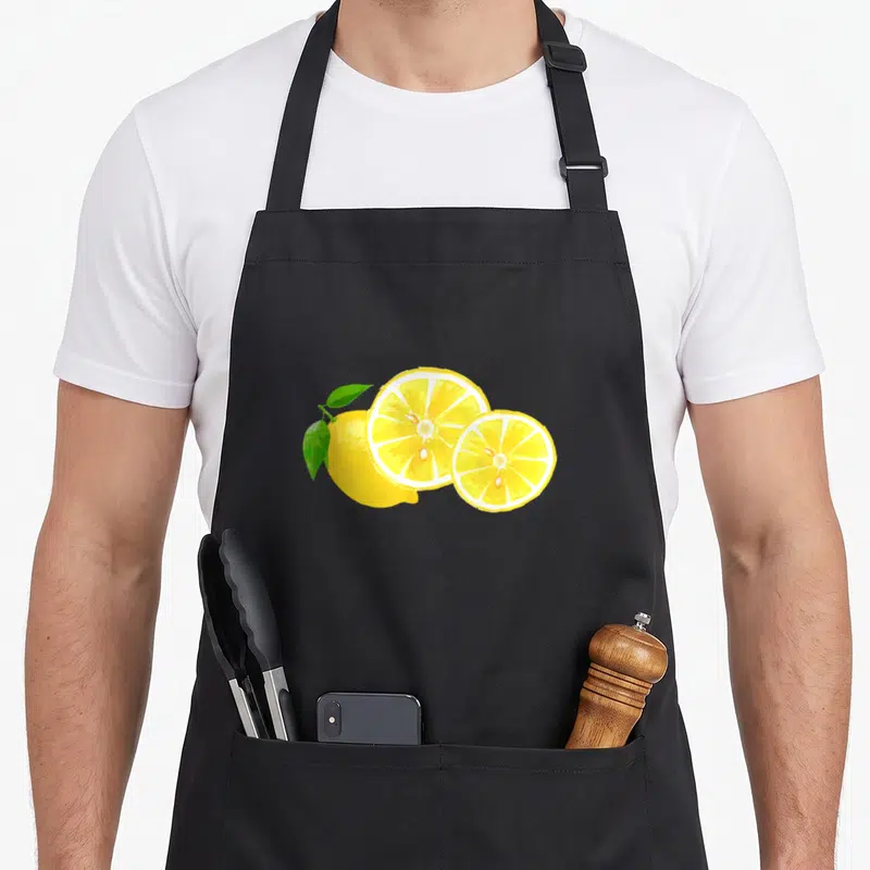 Tablier de cuisine noir avec un joli citron entier et deux tranches jaunes aux pépins verts.