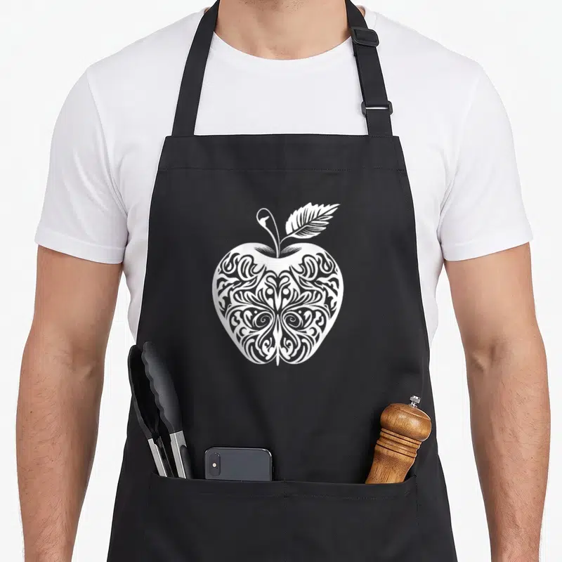 Tablier de cuisine noir avec une grande pomme blanche aux motifs ornementaux complexes et symétriques sur le devant.