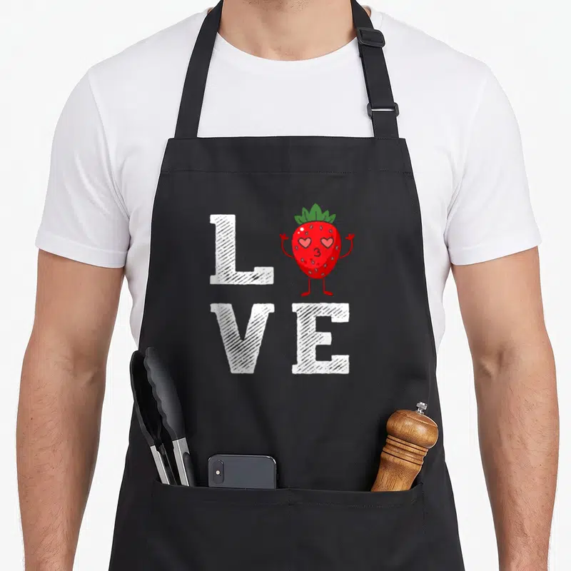 Tablier de cuisine noir avec illustration Love et une jolie fraise rouge aux bras levés
