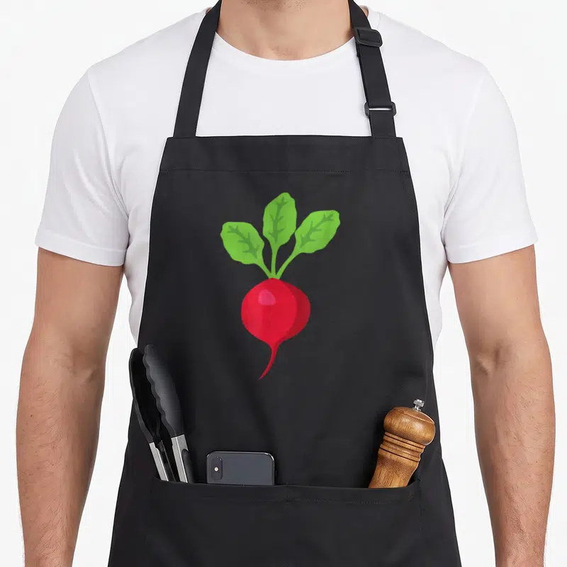 Tablier de cuisine noir avec illustration stylisée d'un radis rouge et de trois feuilles vertes pointues.