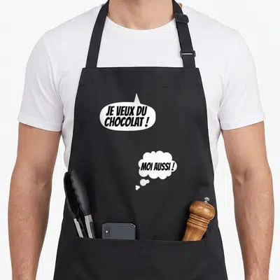 Tablier de cuisine noir avec bulle Je veux du chocolat et nuage Moi aussi.
