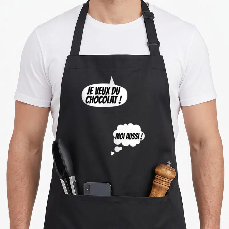 Tablier de cuisine noir avec bulle Je veux du chocolat et nuage Moi aussi.