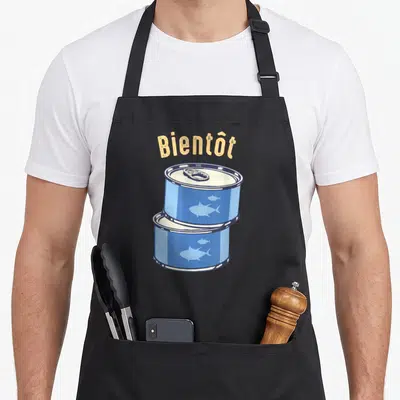 Tablier de cuisine noir avec deux boîtes de sardines bleues et le texte Bientôt oncle en jaune.