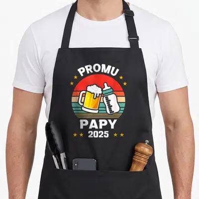 Tablier de cuisine noir avec motif Promu Papy 2025 bière et biberon vintage