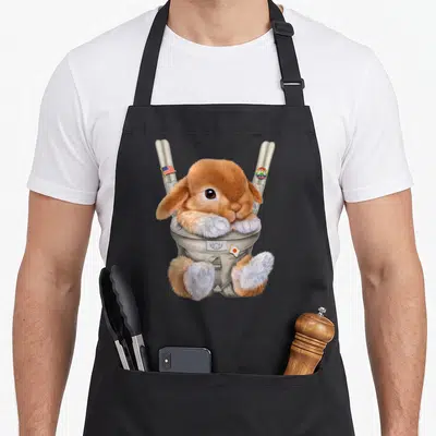 Tablier de cuisine noir avec un lapin nain marron installé dans un porte-bébé décoré de badges.