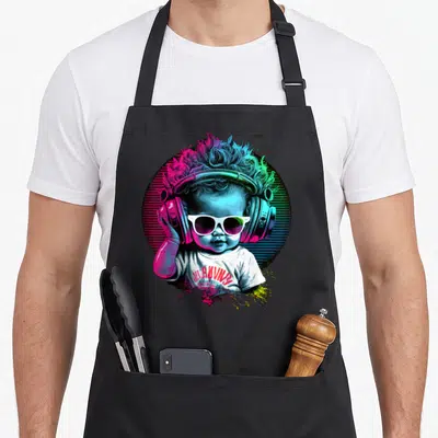 Tablier de cuisine noir avec illustration d'un bébé DJ aux cheveux bouclés portant un grand casque audio et des lunettes blanches.
