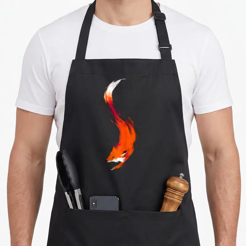 Tablier de cuisine noir avec illustration artistique d'un bébé renard aux teintes orangées et blanches, style aquarelle dynamique.