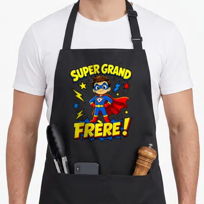 Tablier de cuisine noir avec un super-héros enfant et l'inscription Super Grand Frère en lettres jaunes.