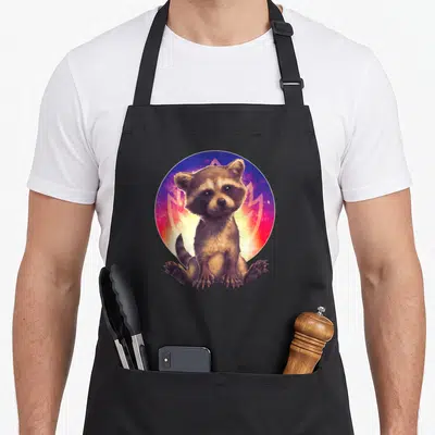 Tablier de cuisine noir avec Baby Rocket Raccoon assis devant un fond galactique coloré en cercle.