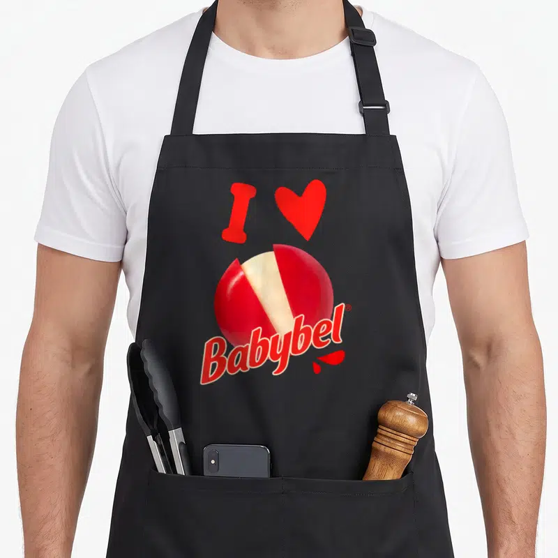 Tablier de cuisine noir avec illustration d'un Babybel rouge entaillé et le texte I Love Babybel en haut.