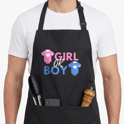 Tablier de cuisine noir avec motif Fille ou Garçon Bodies roses et bleus coeurs blancs