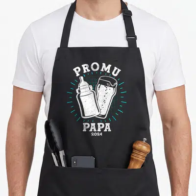 Tablier de cuisine noir avec illustration biberon et verre de bière Promu Papa 2024 en blanc et turquoise.