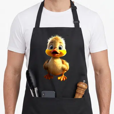 Tablier de cuisine noir avec un canard bébé mignon aux grands yeux expressifs et au bec orange vif.