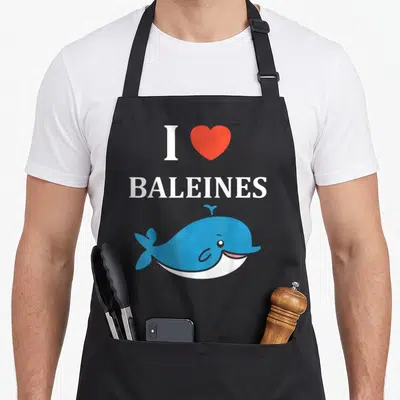 Tablier de cuisine noir avec une baleine bleue souriante, un cœur rouge et le texte I love Baleines en blanc.