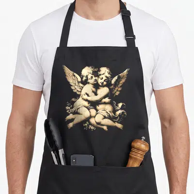 Tablier de cuisine noir avec illustration vintage de deux anges chérubins s'enlaçant dans un style artistique classique.