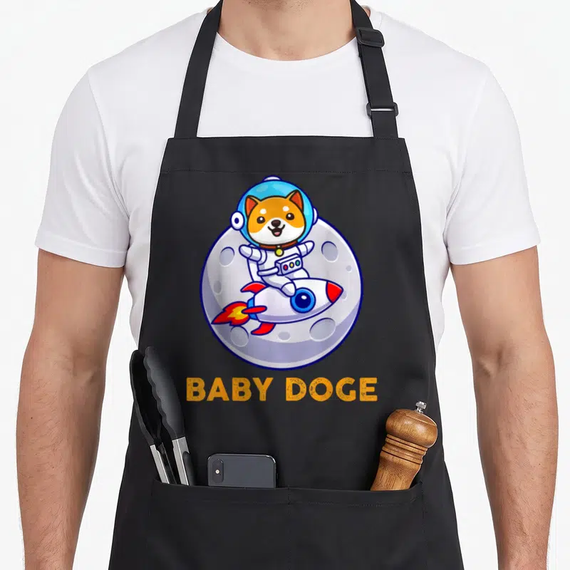 Tablier de cuisine noir avec un chien Shiba Inu en combinaison spatiale sur une fusée devant la lune et le texte Baby Doge.