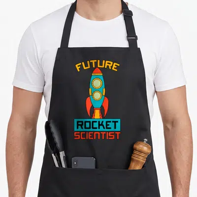 Tablier de cuisine noir avec illustration colorée d'un vaisseau spatial et du texte Future Rocket Scientist.